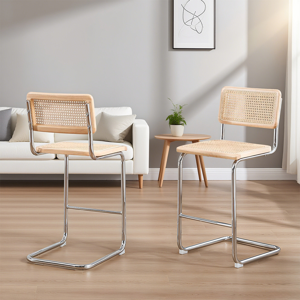 Vuosisadan puolivälissä moderni Rattan Cantilever Counter -jakkara-luonnollinen sokeriruo'on takaosa ja istuin kromimetallikehyksellä