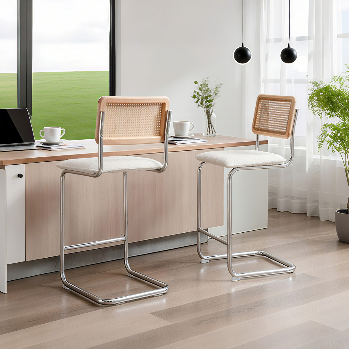 Rattan Back Boucle Bar -jakkara Chrome Cantilever -pohjan kanssa-vuosisadan puolivälissä moderni College-tuoli