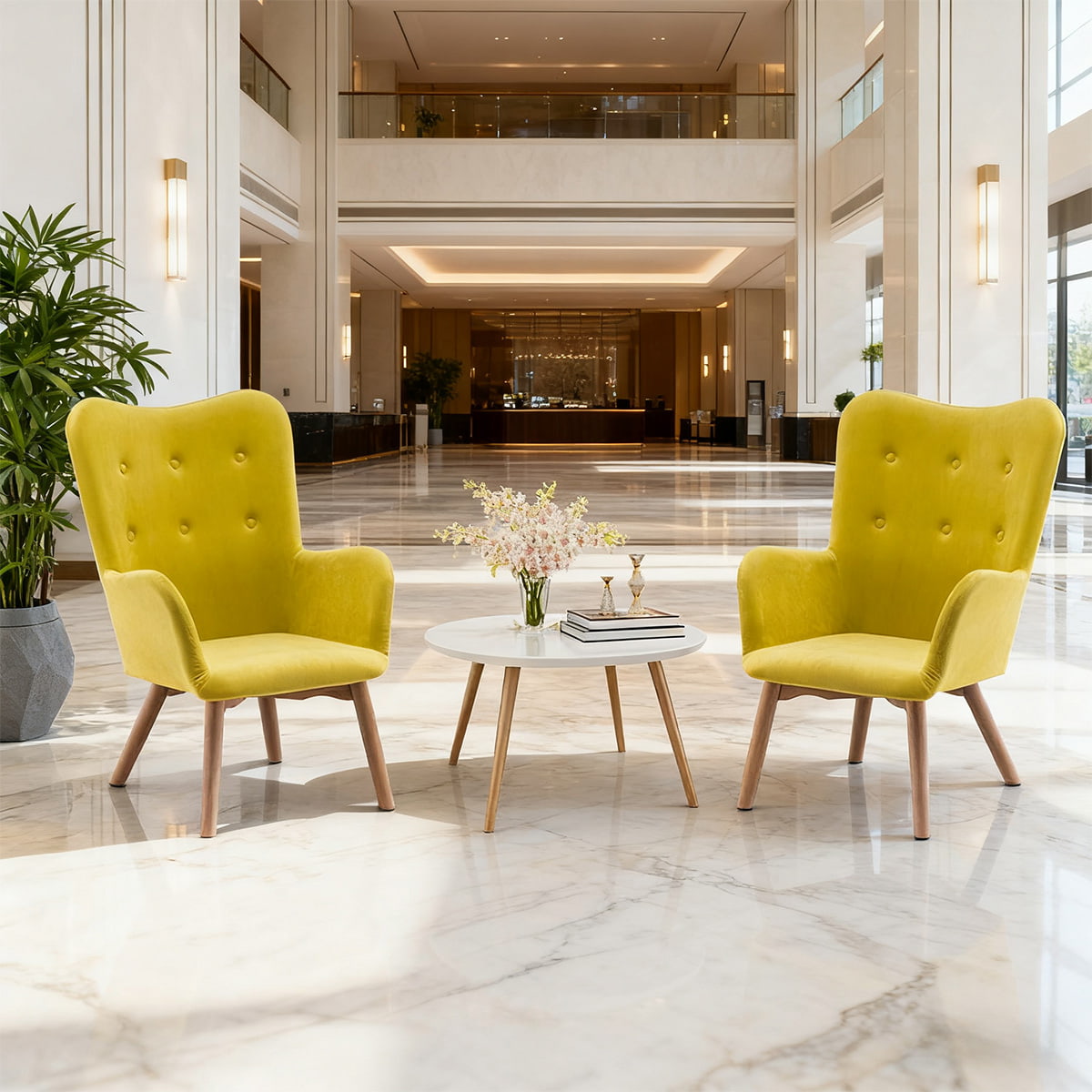 Moderni Yellow Velvet Accent -nojatuoli – Tuftattu vapaa-ajan tuoli siipivarrella puisilla jaloilla ja käsinojilla olohuoneeseen, makuuhuoneeseen tai toimistoon